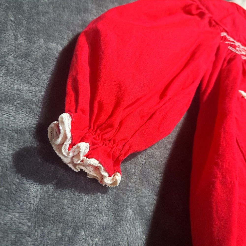 VTG Polly Flinders Red Smocked Dress Girls 12M Lace Collar Long Sleeve Pockets - Picture 5 of 6